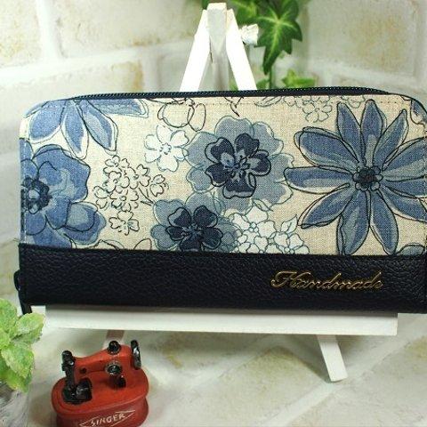 リネン100％　青い花の長財布